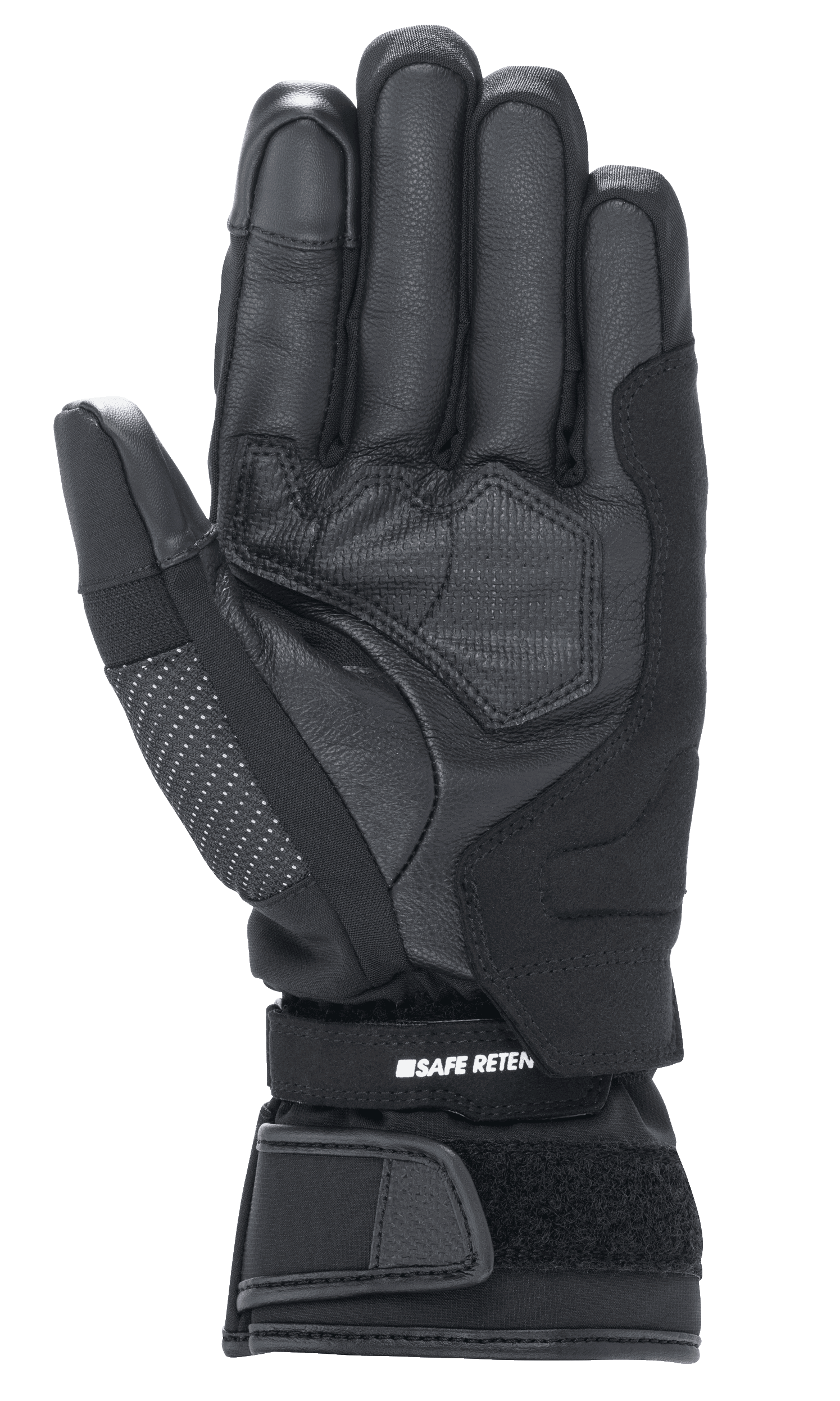 Alpinestars Damen Stella Andes V3 Drystar® Handschuhe, Motorradhandschuhe in Schwarz Anthrazit, Handflächenansicht mit Ziegenlederkonstruktion, verstärkte Polsterung und verstellbarer Klettverschluss am Handgelenk mit Safe Retention Branding.