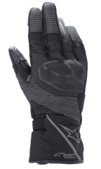 Alpinestars Stella Andes V3 Drystar Damen-Handschuhe, Schwarz Anthrazit, Rückhandansicht mit integriertem Knöchelschutz, reflektierende Ripstop-Einsätze, Alpinestars-Logo und Drystar Performance Branding an der Manschette, Adventure-Touring-Motorradausrüstung