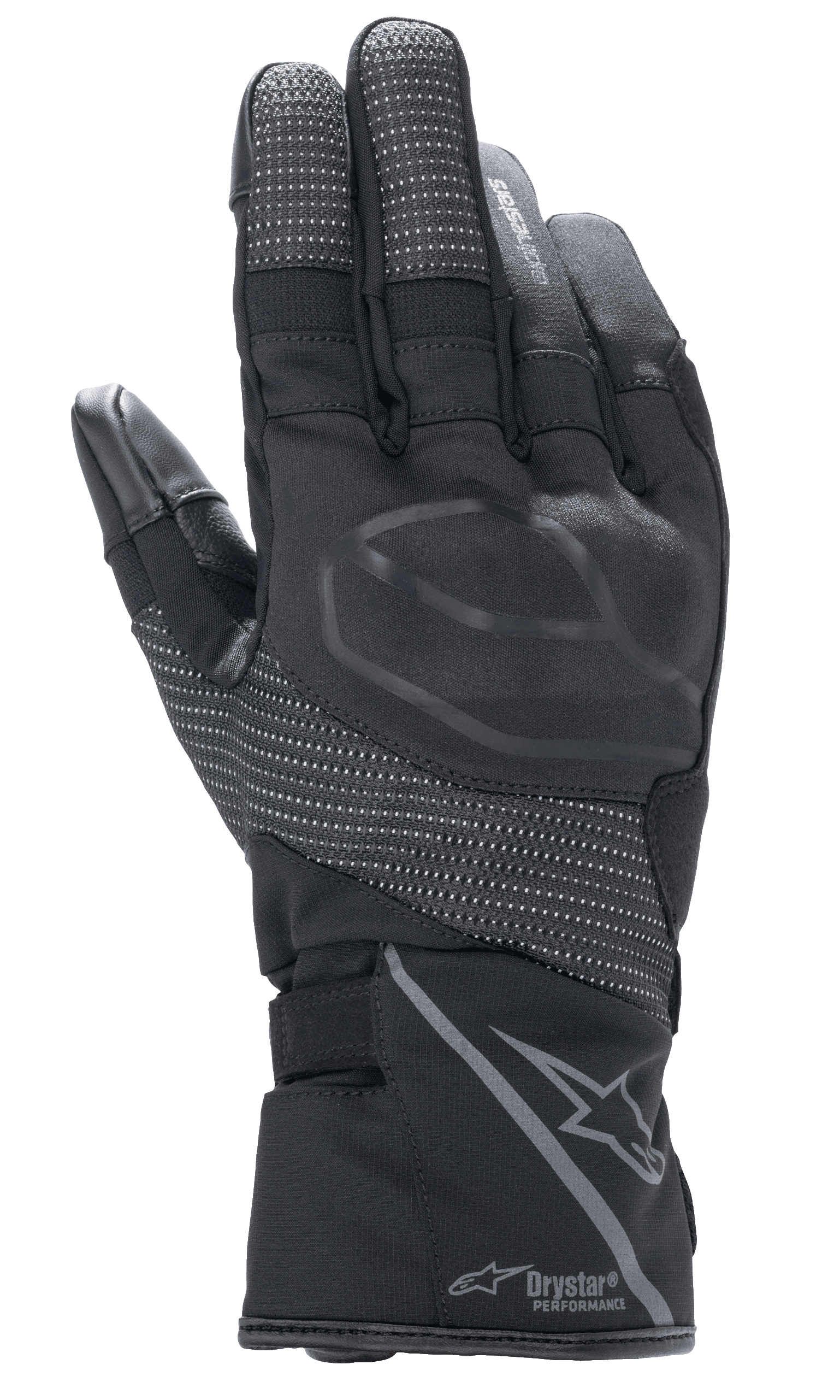 Alpinestars Stella Andes V3 Drystar Damen-Handschuhe, Schwarz Anthrazit, Rückhandansicht mit integriertem Knöchelschutz, reflektierende Ripstop-Einsätze, Alpinestars-Logo und Drystar Performance Branding an der Manschette, Adventure-Touring-Motorradausrüstung