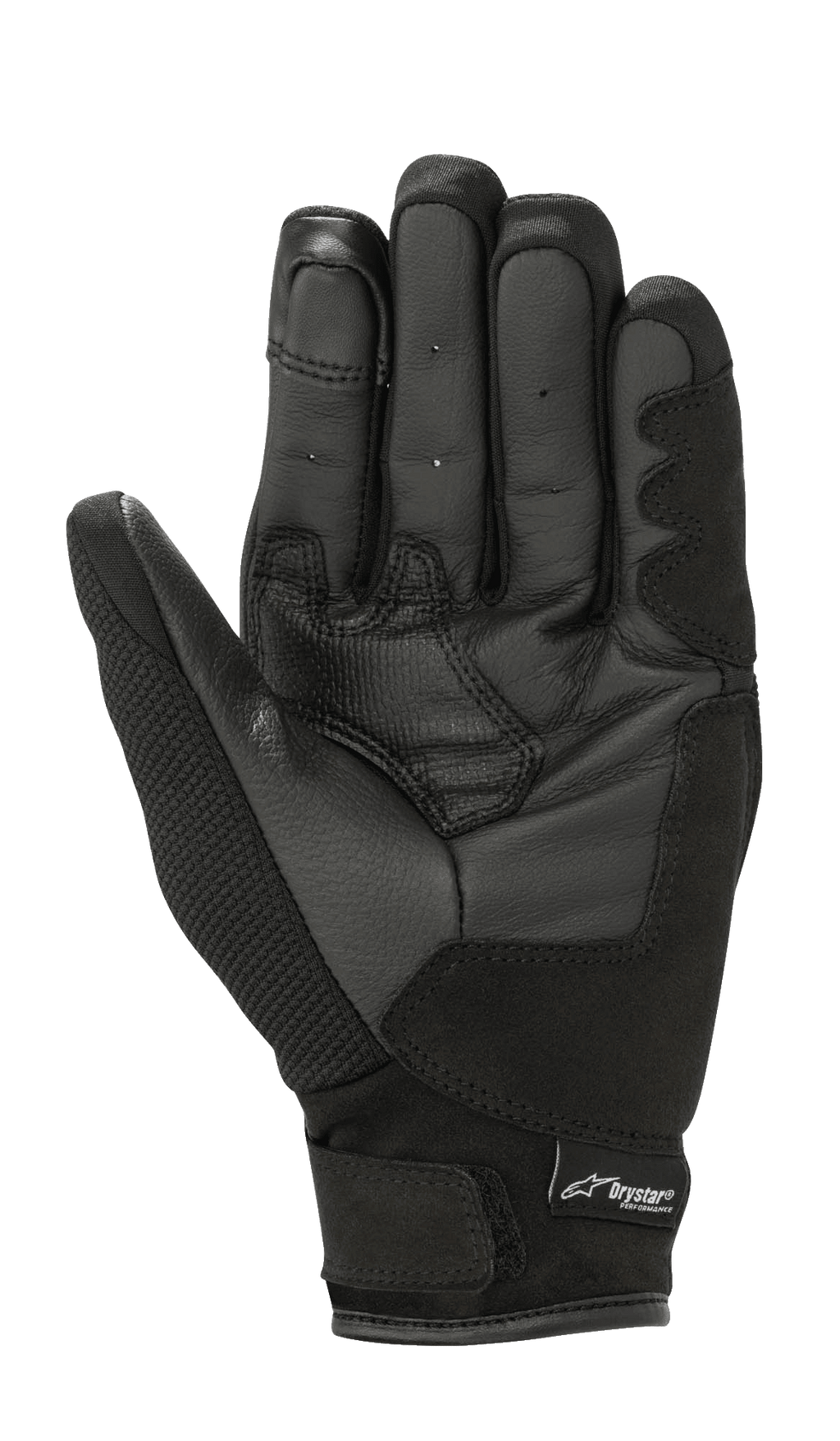 Alpinestars Stella S-Max Women's Drystar Gloves, Black, palm view showing leather grip reinforcements, stretch mesh fabric, hook and loop strap, and Drystar branding, waterproof sport motorcycle gear
