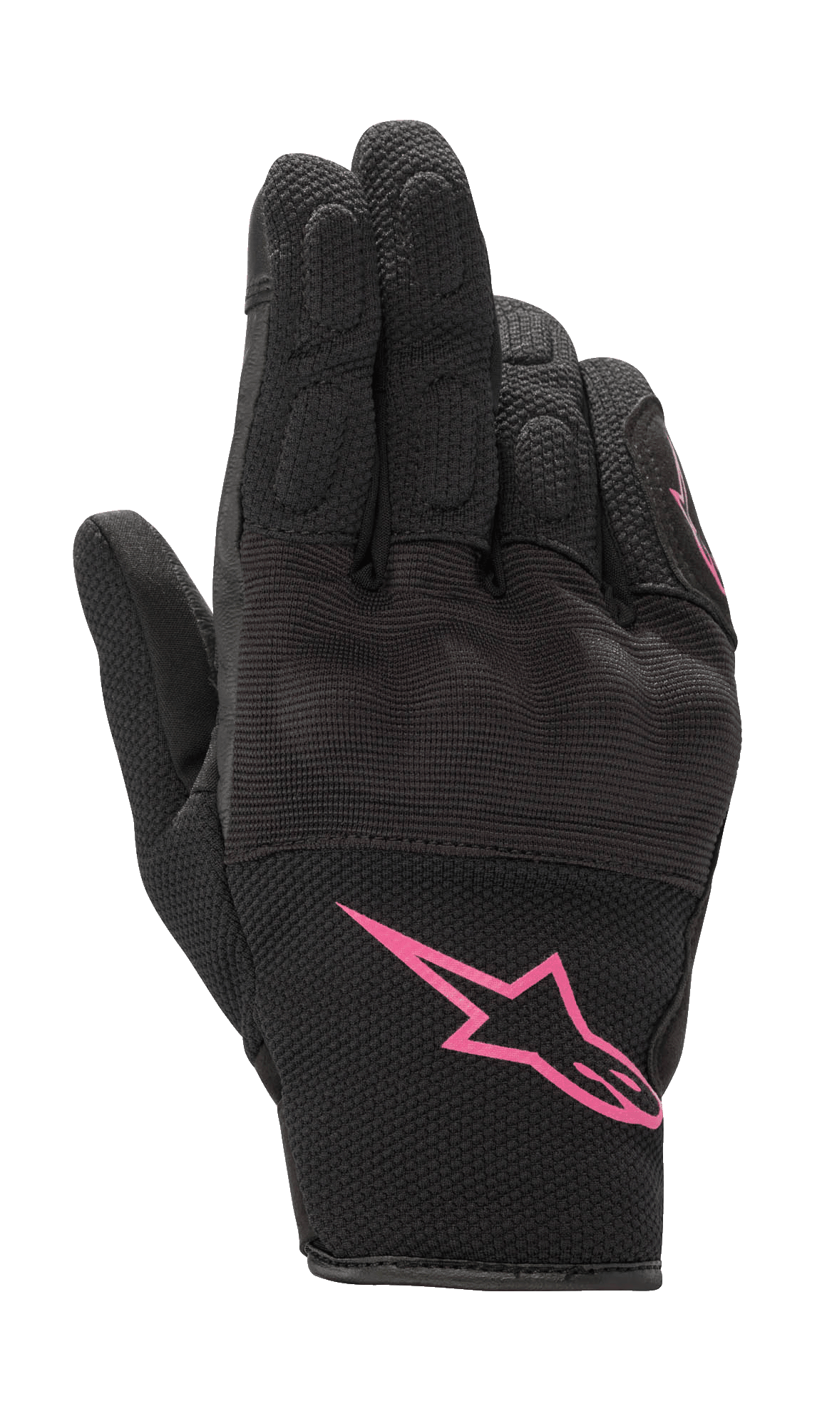 Alpinestars Stella S-Max Women's Gloves, Motorcycle Gloves, Black and Fuchsia, featuring a pink Alpinestars logo on the cuff, short-cuff design with textured mesh and integrated knuckle protection