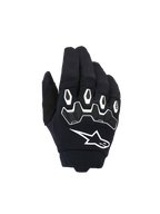 Alpinestars Youth & Kids Full Bore V2 Gloves, Motocross Gloves, Black and White, featuring ergonomic TPR knuckle protection with white outlines, large white Alpinestars logo, breathable textile construction for off-road racing