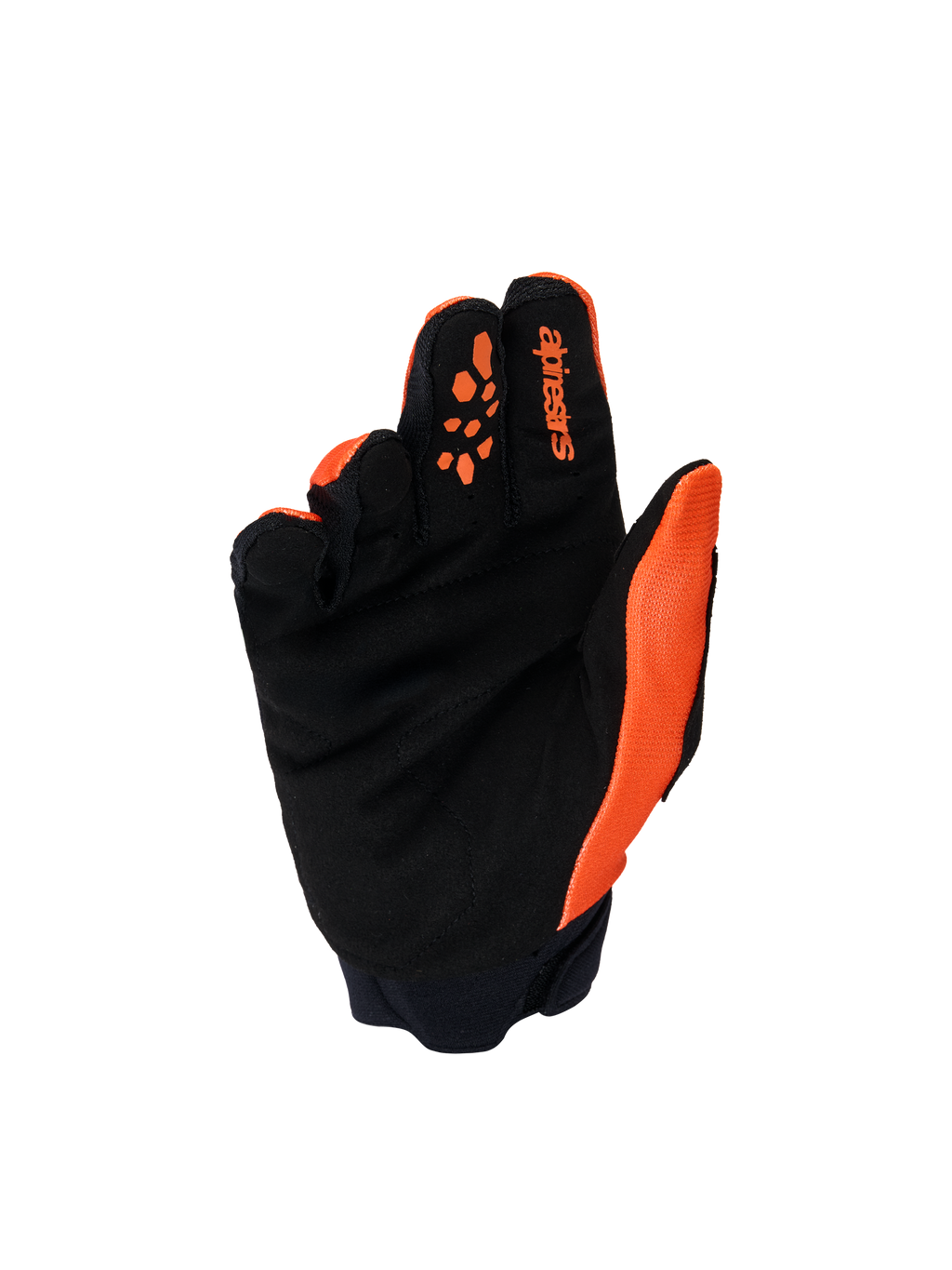 Alpinestars Jugend & Kinder Full Bore V2 Handschuhe, Motocross-Handschuhe, Orange und Schwarz, Handflächenansicht mit verstärktem synthetischem Wildleder, Silikondrucken an den Fingern für optimale Hebelkontrolle und Alpinestars-Branding auf dem Zeigefinger.
