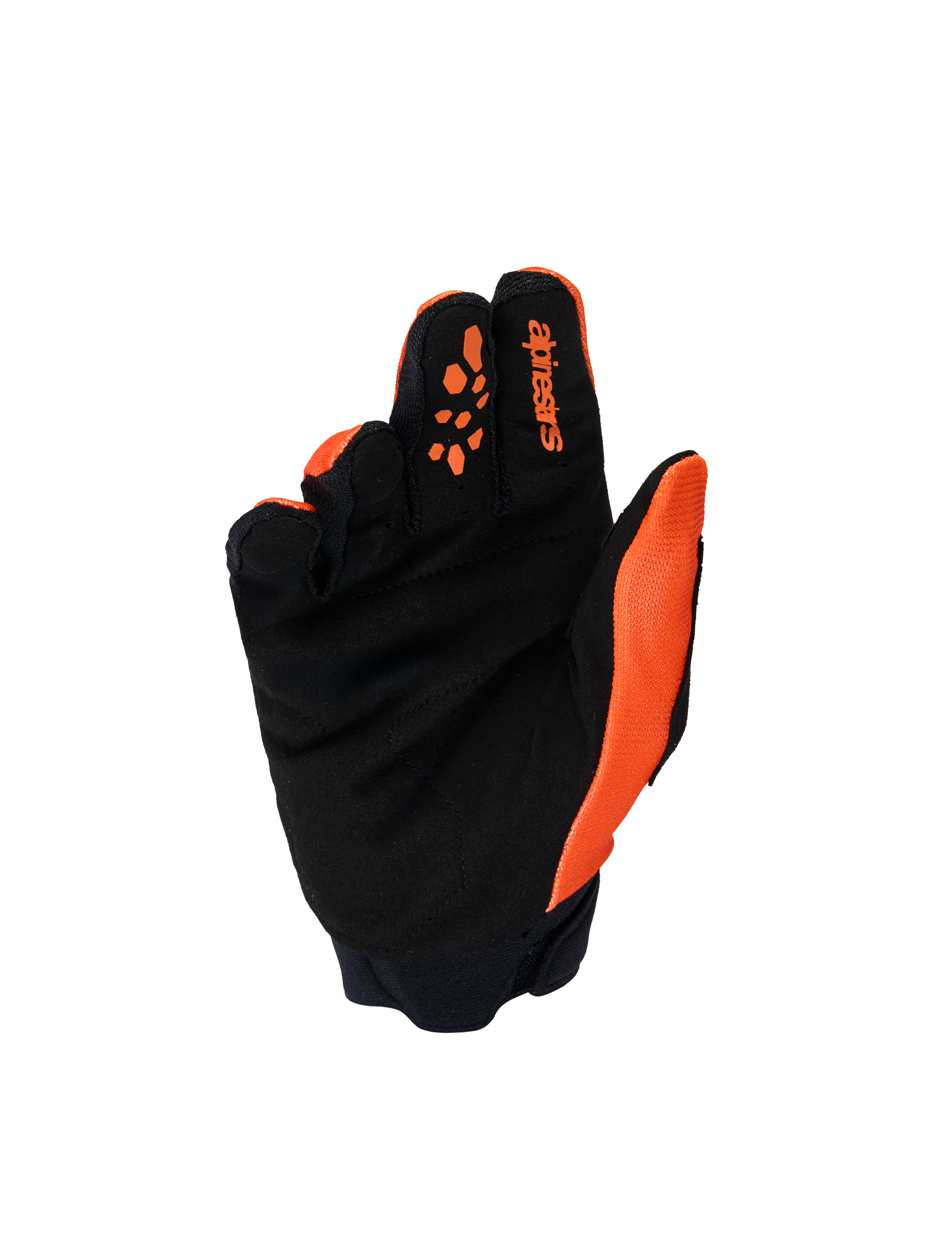 Alpinestars Jugend & Kinder Full Bore V2 Handschuhe, Motocross-Handschuhe, Orange und Schwarz, Handflächenansicht mit verstärktem synthetischem Wildleder, Silikondrucken an den Fingern für optimale Hebelkontrolle und Alpinestars-Branding auf dem Zeigefinger.