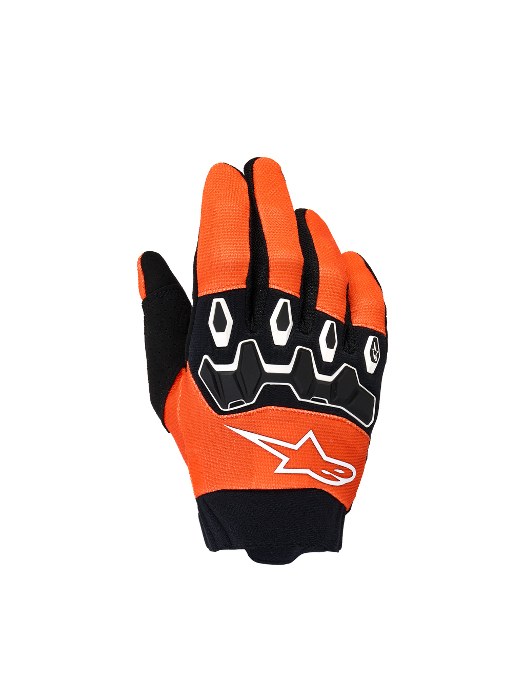 Alpinestars Jugend & Kinder Full Bore V2 Handschuhe, Motocross-Handschuhe, Orange, Weiß und Schwarz, mit schwarzem TPR-Knöchelschutz, weißen geometrischen Mustern, weißem Stern-Logo und schwarzer Neoprenmanschette, Offroad-Fahrausrüstung für Kinder
