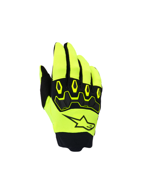Alpinestars Youth & Kids Full Bore V2 Gloves, Kids Motocross Gloves, Yellow Fluo and Black, featuring the backhand view with a black star logo and ergonomic TPR knuckle protector, sporty design for off-road racing
