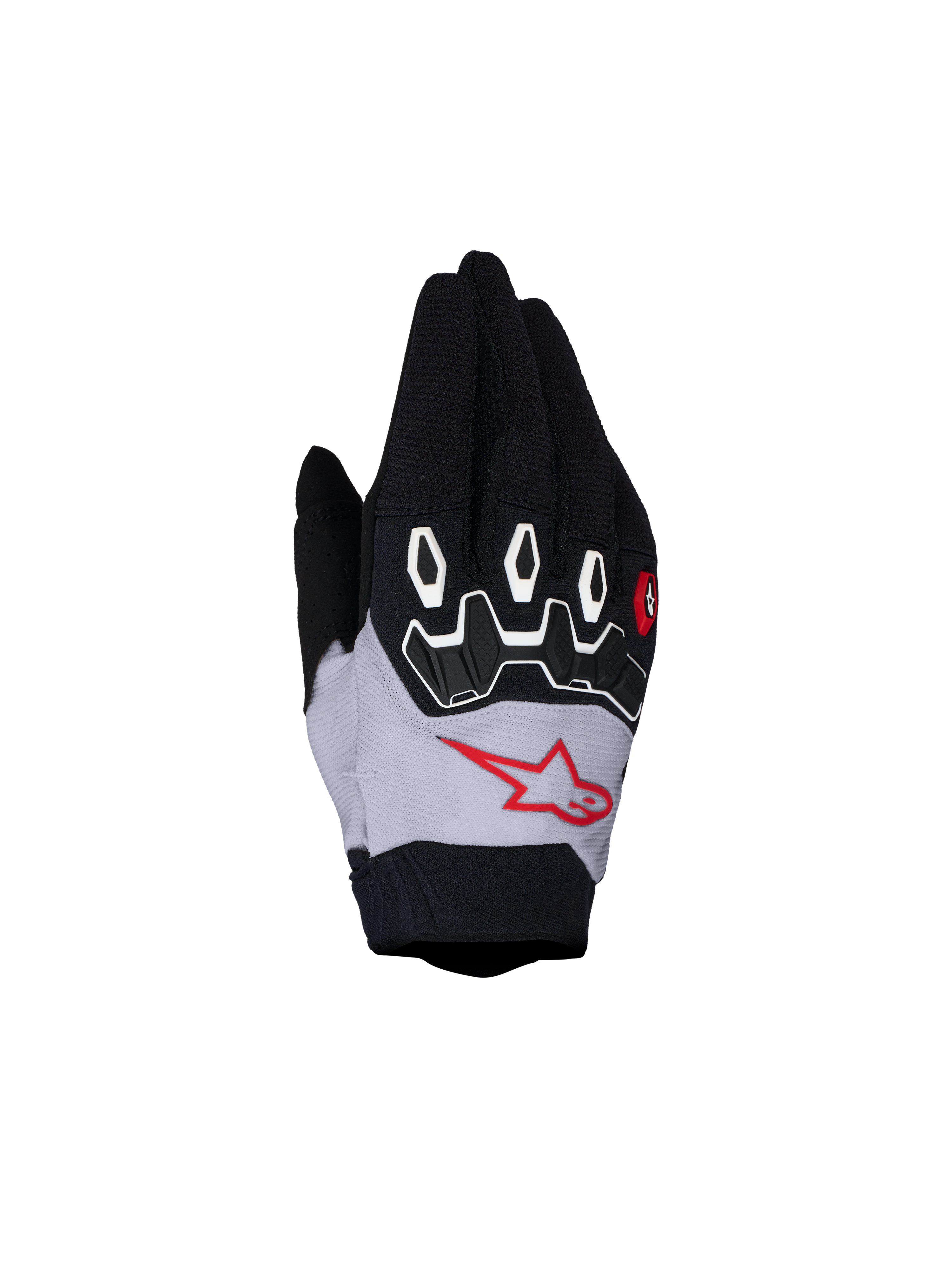 Alpinestars Full Bore V2 Jugend- & Kinder-Handschuhe, Motocrosshandschuhe in Schwarz und Hell-Lila mit TPR-Knöchelschutz und rotem Alpinestars-Logo auf dem Handrücken.