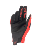 Alpinestars Youth 2024 Radar Gloves, Motocross Gloves, Mars Red and Black, palm view showing synthetic suede construction, 'ONE GOAL ONE VISION' text on fingers, lightweight off-road racing gear