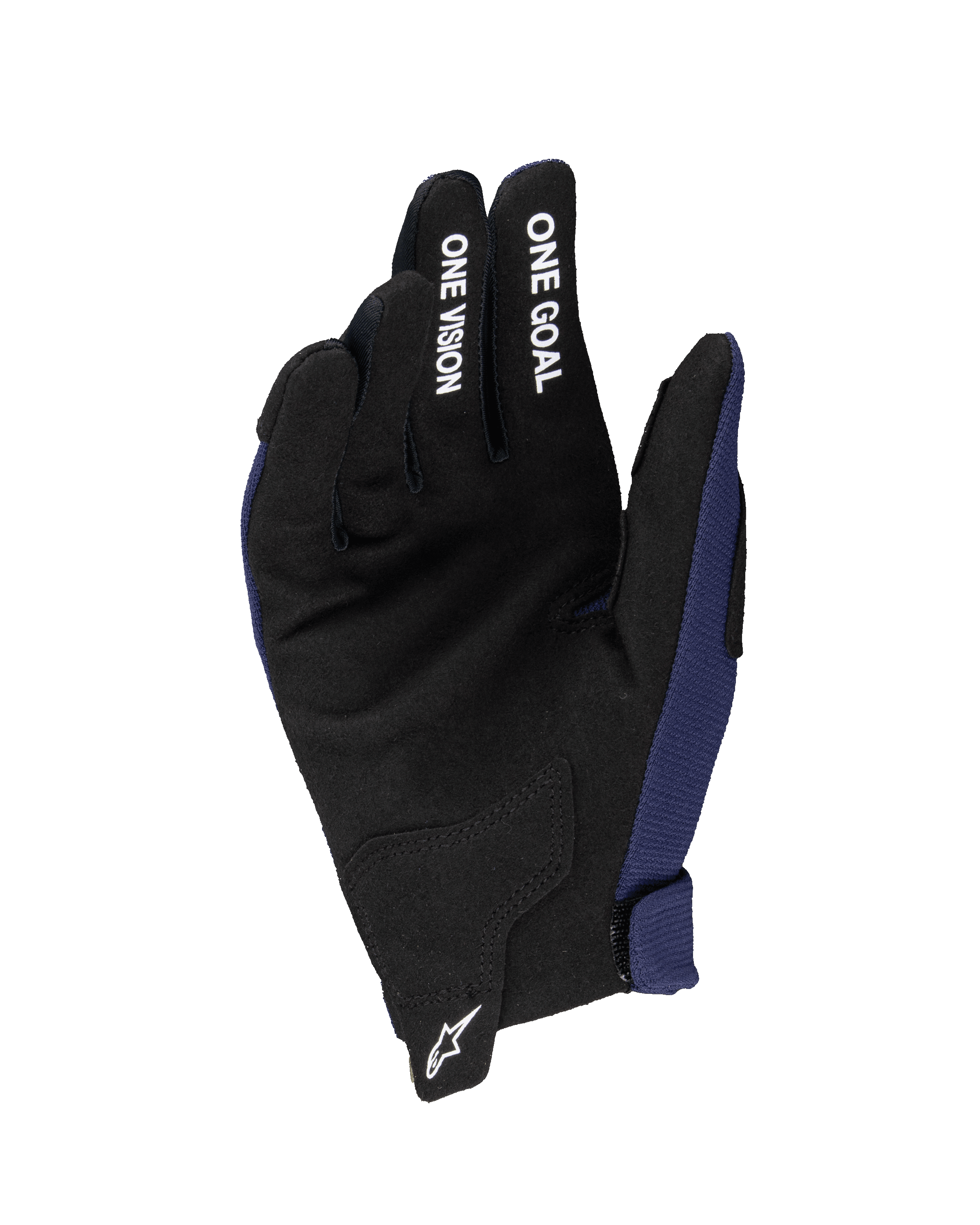 Alpinestars 2025 Youth Radar Handschuhe, Motocross-Handschuhe, Night Navy und Schwarz, mit Handfläche aus synthetischem Wildleder, weißem 'ONE GOAL' und 'ONE VISION' Text auf den Fingern, weißem Astars-Logo am Handgelenk, einlagige Konstruktion für Offroad-Fahrten