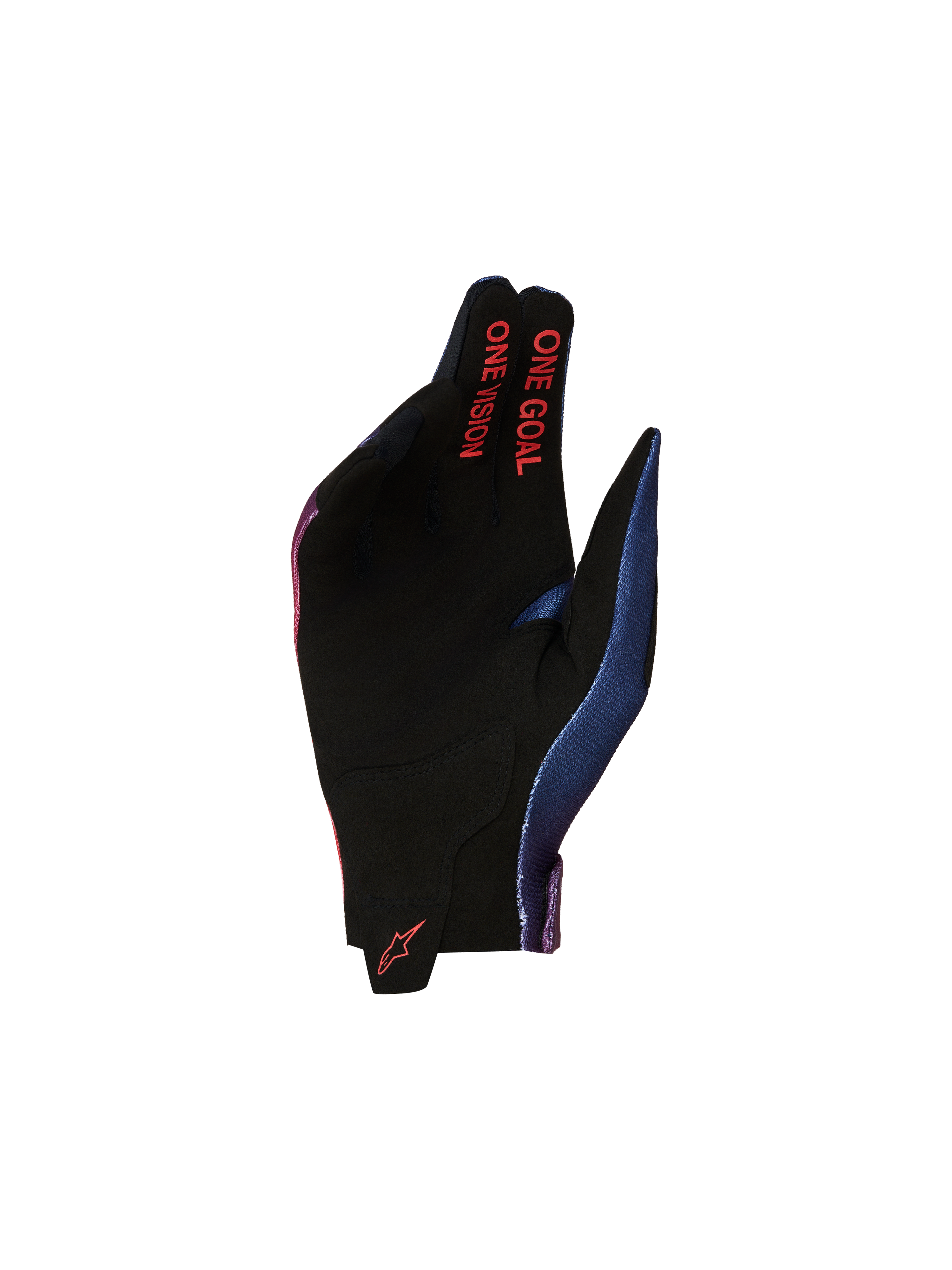 Alpinestars Youth Radar Gloves for motocross racing, featuring a black synthetic suede palm with Fire Red One Goal One Vision text and Deep Blue accents.