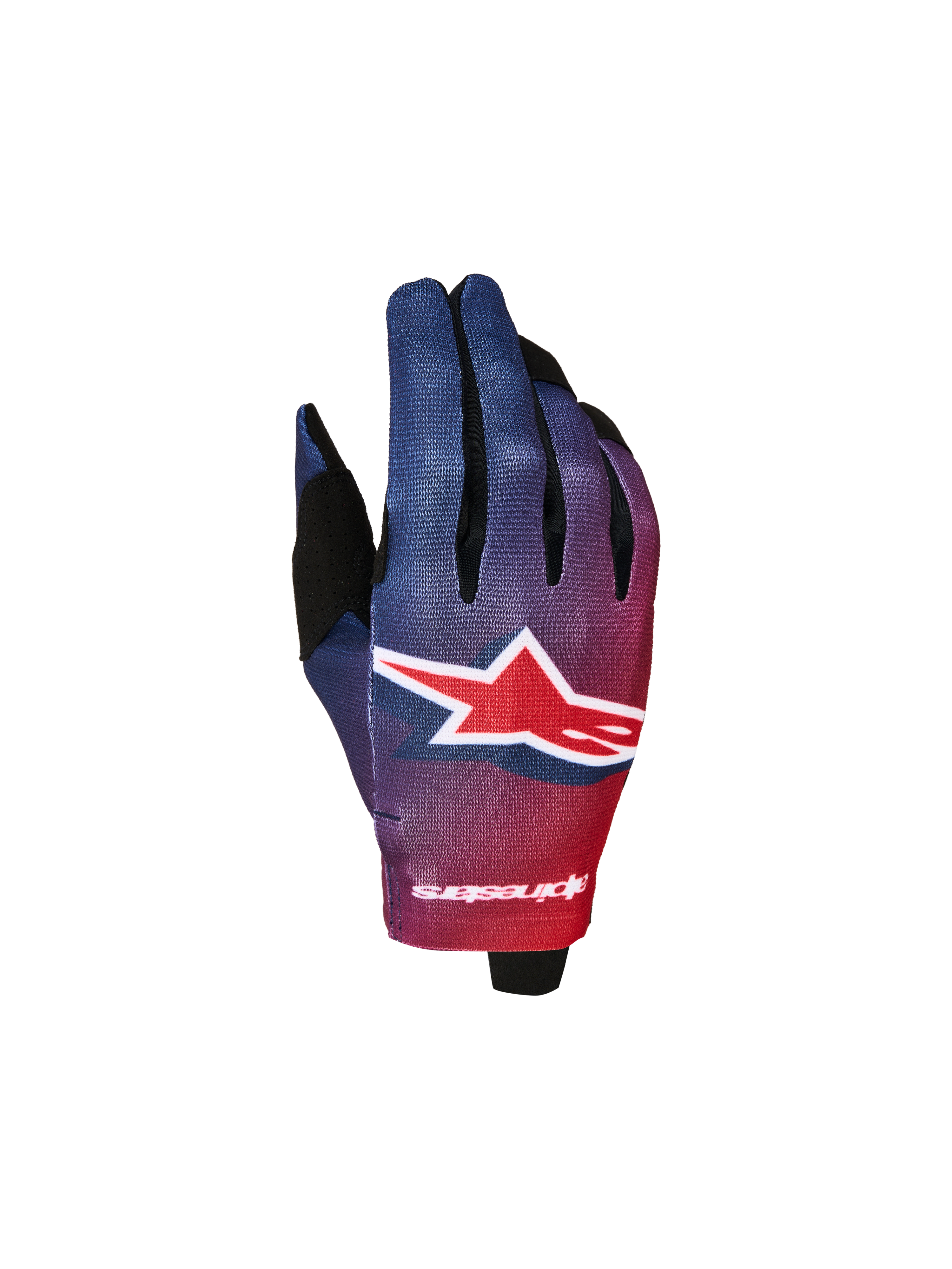 Alpinestars Radar Jugend-Handschuhe, Motocross-Handschuhe in Rot und Blau mit sublimierter Grafik und weißem Astars-Logo.