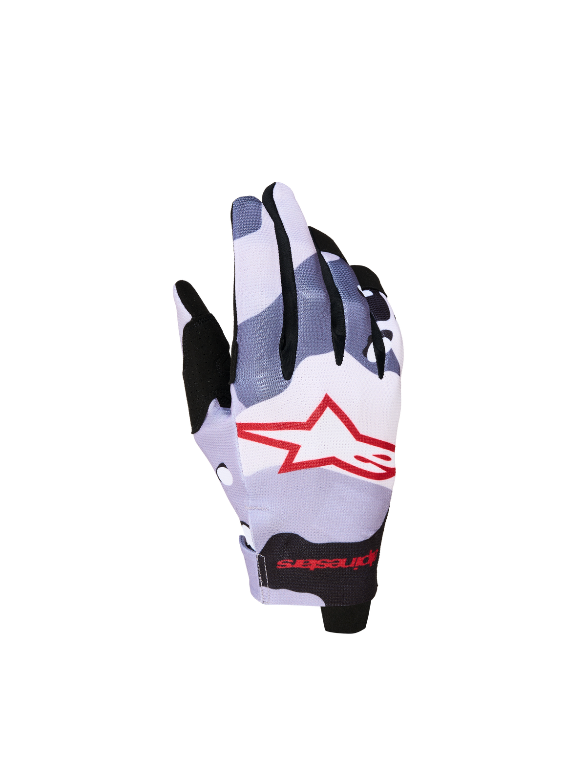 Alpinestars Radar Jugend-Motorradhandschuhe, Grau und Rot mit Camouflage-Muster, Stern-Logo, ideal für Motocross.