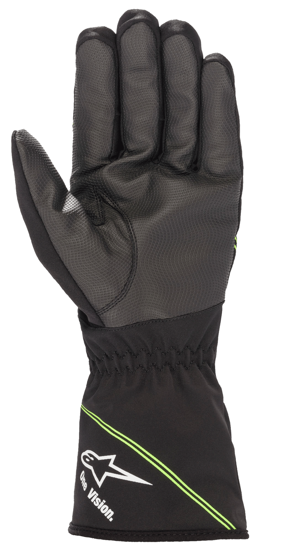 Alpinestars Jugend Tempest V2 Wasserdichte Handschuhe, Karthandschuhe, Schwarz mit fluoreszierend grünen Akzenten, Handflächenansicht mit strukturierter Gummimischung für verbesserten Grip, Stulpenmanschette mit weißem Alpinestars-Logo und 'One Vision.' Branding, diagonale grüne Streifen, entwickelt für Rennen bei nassem Wetter