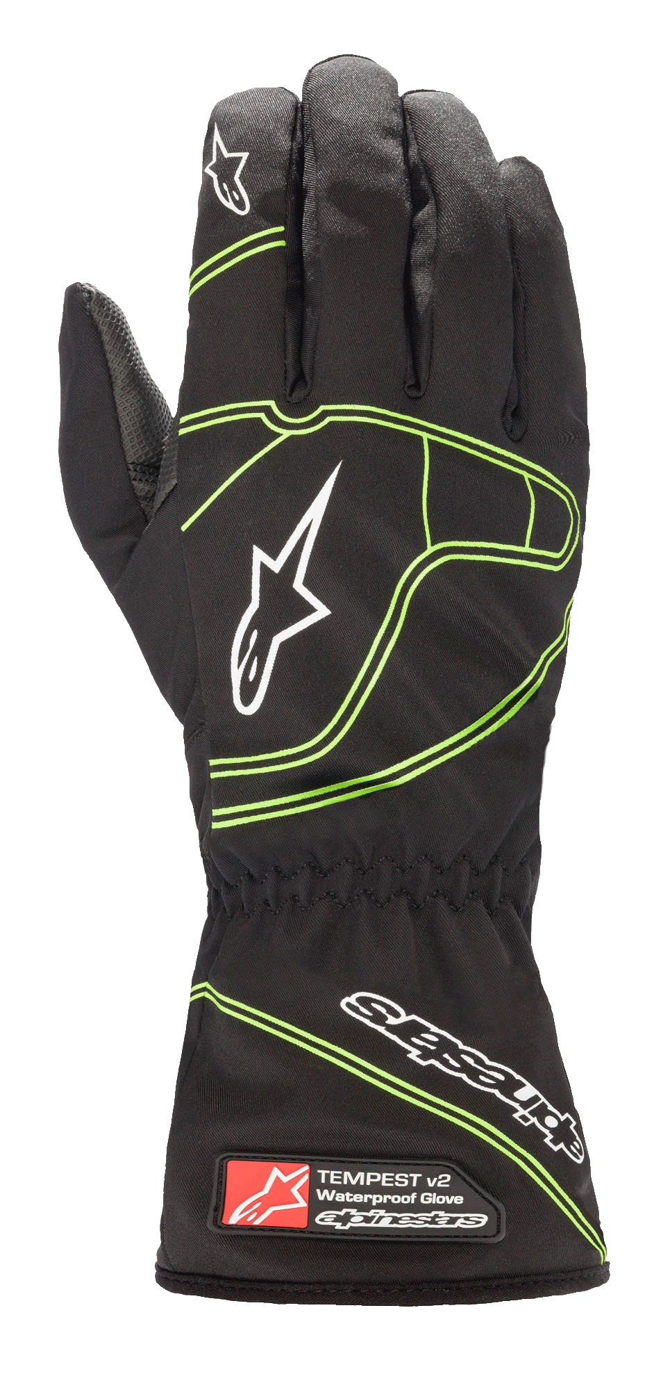 Alpinestars Youth Tempest V2 Wasserdichte Handschuhe, Schwarz mit neongrünen Akzenten, lange Stulpenmanschette mit elastischem Handgelenk, weiße Sternlogos auf den Fingern und dem Handrücken, wasserdichte Textilkonstruktion für den Jugend-Kartsport