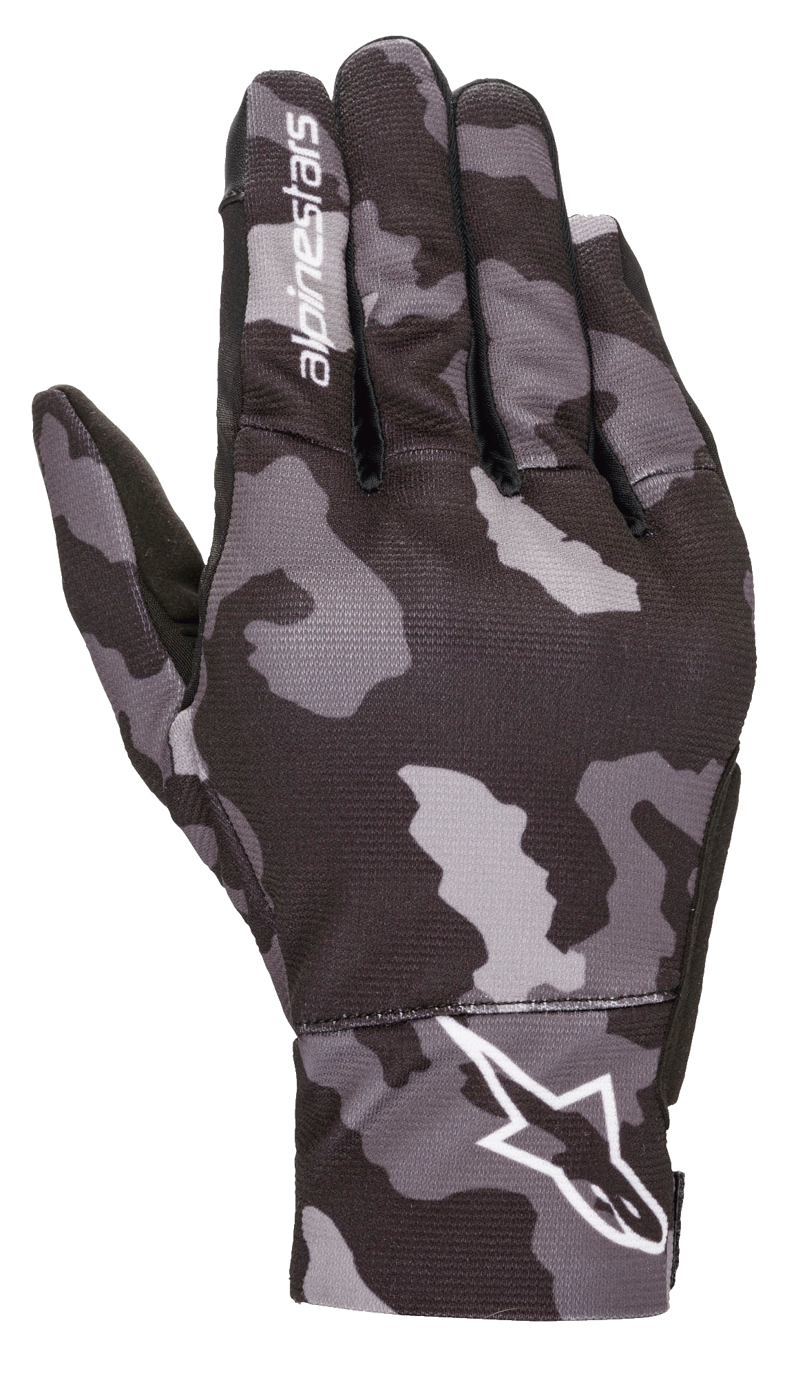 Alpinestars Youth Reef Handschuhe, Urbane Motorradhandschuhe, Schwarz-Grau Camo, Ansicht der Oberhand mit grauem Tarnmuster und weißem Alpinestars-Branding am Handgelenk und Zeigefinger, leichte Stretch-Textilkonstruktion