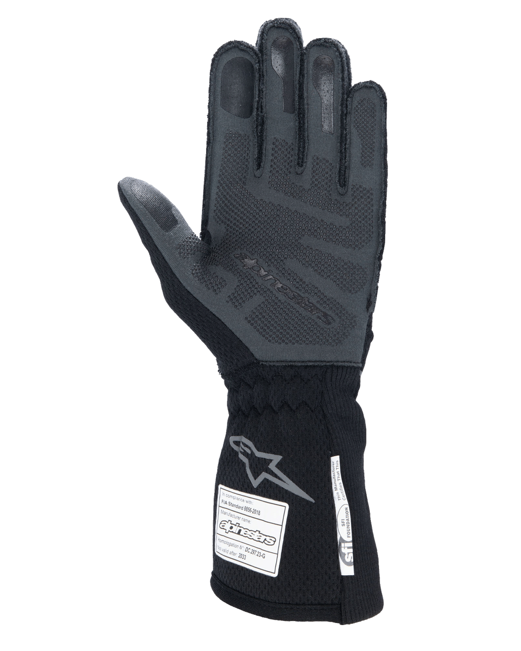 Alpinestars Tech-1 ZX V4 Gloves, Black Anthracite, palm view featuring textured 3D silicone grip, long cuff with FIA and SFI safety certification labels, professional auto racing gloves