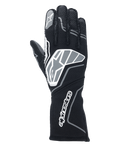 Alpinestars Tech-1 ZX V4 Gloves, Auto Racing Gloves, Black and Anthracite Gray, featuring a large star logo on the backhand and Alpinestars wordmark on the long gauntlet cuff, star logo on the index finger, professional flame-resistant construction