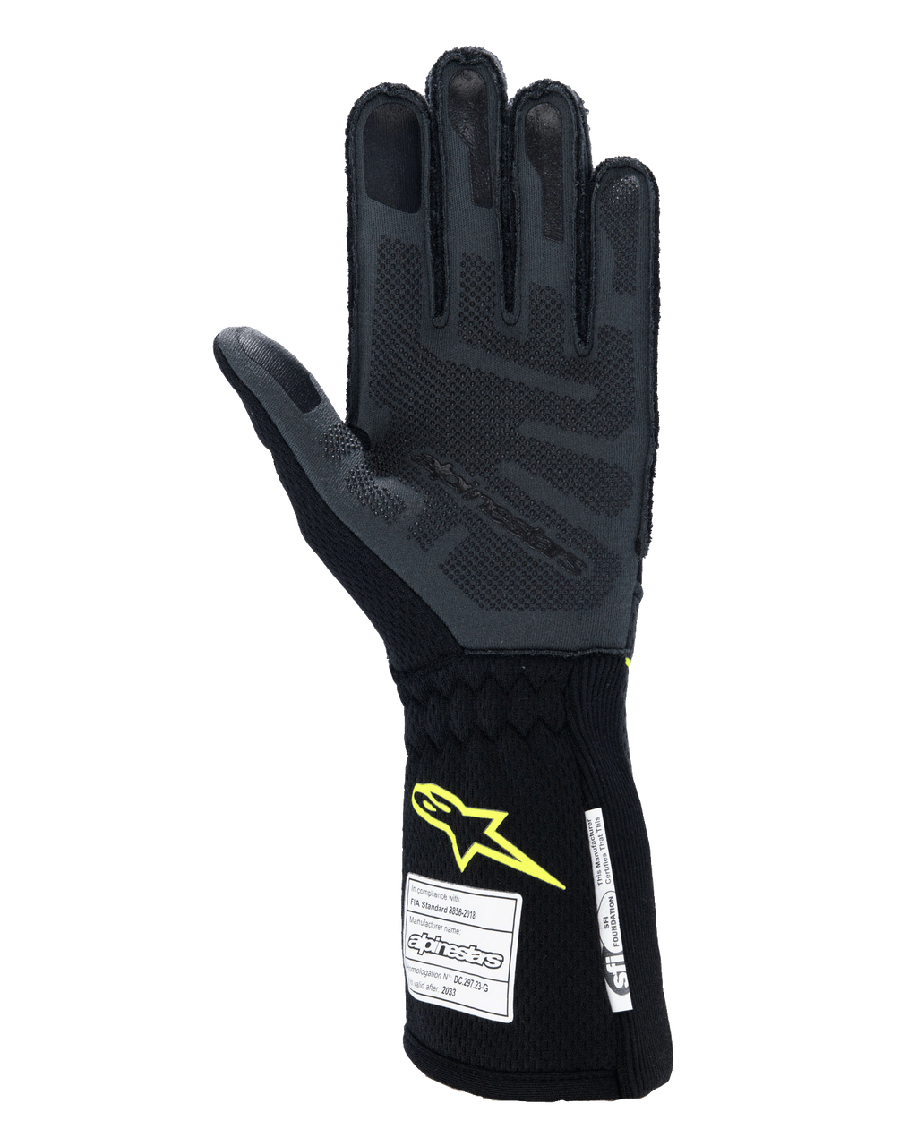 Alpinestars Tech-1 ZX V4 Gloves, Auto Racing Gloves, Tar Gray and Black with Yellow Fluo logo, palm view showing textured 3D silicone grip and FIA/SFI safety certification labels, professional motorsport equipment