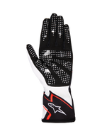 Alpinestars Tech-1 K Race V2 Handschuhe Graphic 1, Kart-Handschuhe, Weiß, Schwarz und Hot Orange, Handflächenansicht aus schwarzem synthetischem Wildleder mit weißen Silikon-Grip-Noppen, ergonomisches Design mit Alpinestars-Logo auf der Manschette