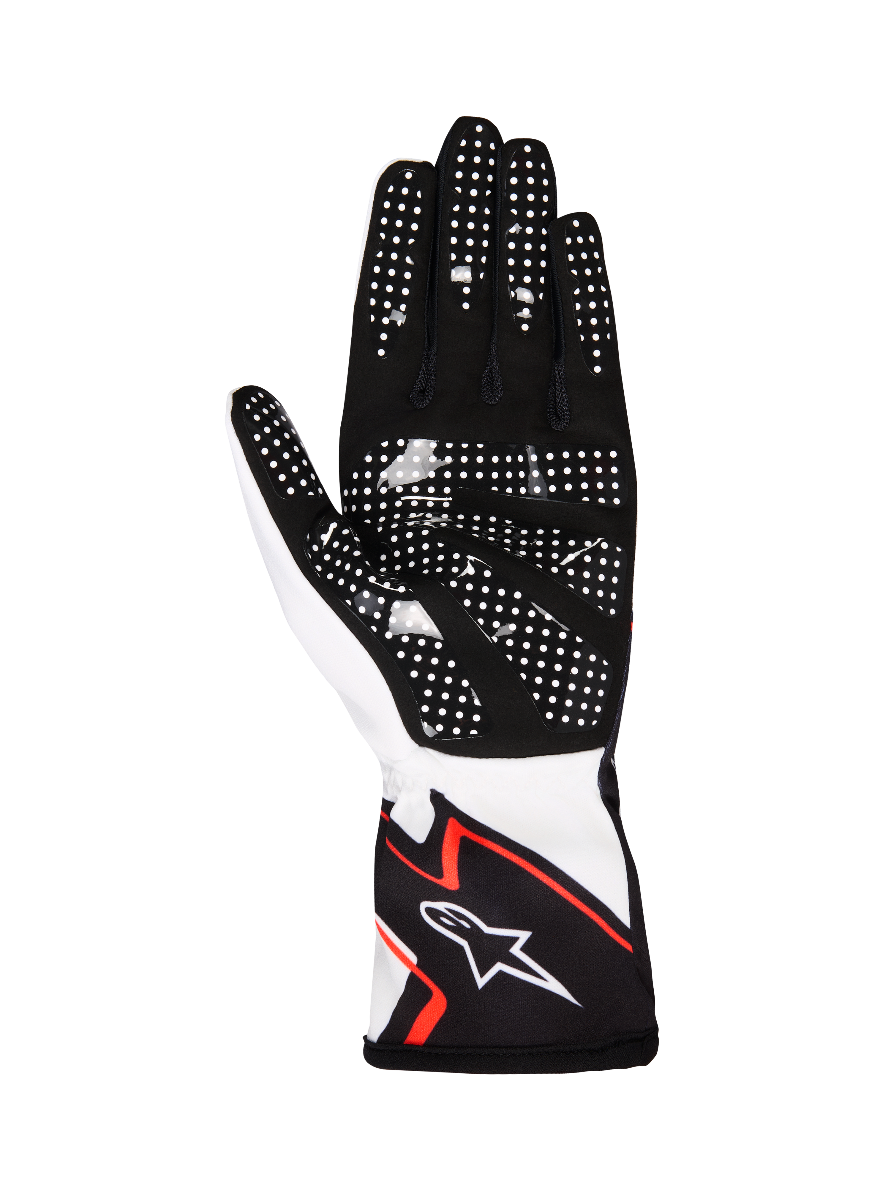 Alpinestars Tech-1 K Race V2 Handschuhe Graphic 1, Kart-Handschuhe, Weiß, Schwarz und Hot Orange, Handflächenansicht aus schwarzem synthetischem Wildleder mit weißen Silikon-Grip-Noppen, ergonomisches Design mit Alpinestars-Logo auf der Manschette
