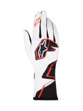 Alpinestars Tech-1 K Race V2 Graphic 1 Handschuhe, Karthandschuhe, Weiß mit schwarzem und leuchtend orangem geometrischem Design, mit dem Alpinestars Stern-Logo auf dem Handrücken und Zeigefinger, leichtes, atmungsaktives Textil mit verlängerter Stulpe