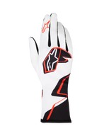 Alpinestars Tech-1 K Race V2 Graphic 1 Handschuhe, Karthandschuhe, Weiß mit schwarzem und leuchtend orangem geometrischem Design, mit dem Alpinestars Stern-Logo auf dem Handrücken und Zeigefinger, leichtes, atmungsaktives Textil mit verlängerter Stulpe