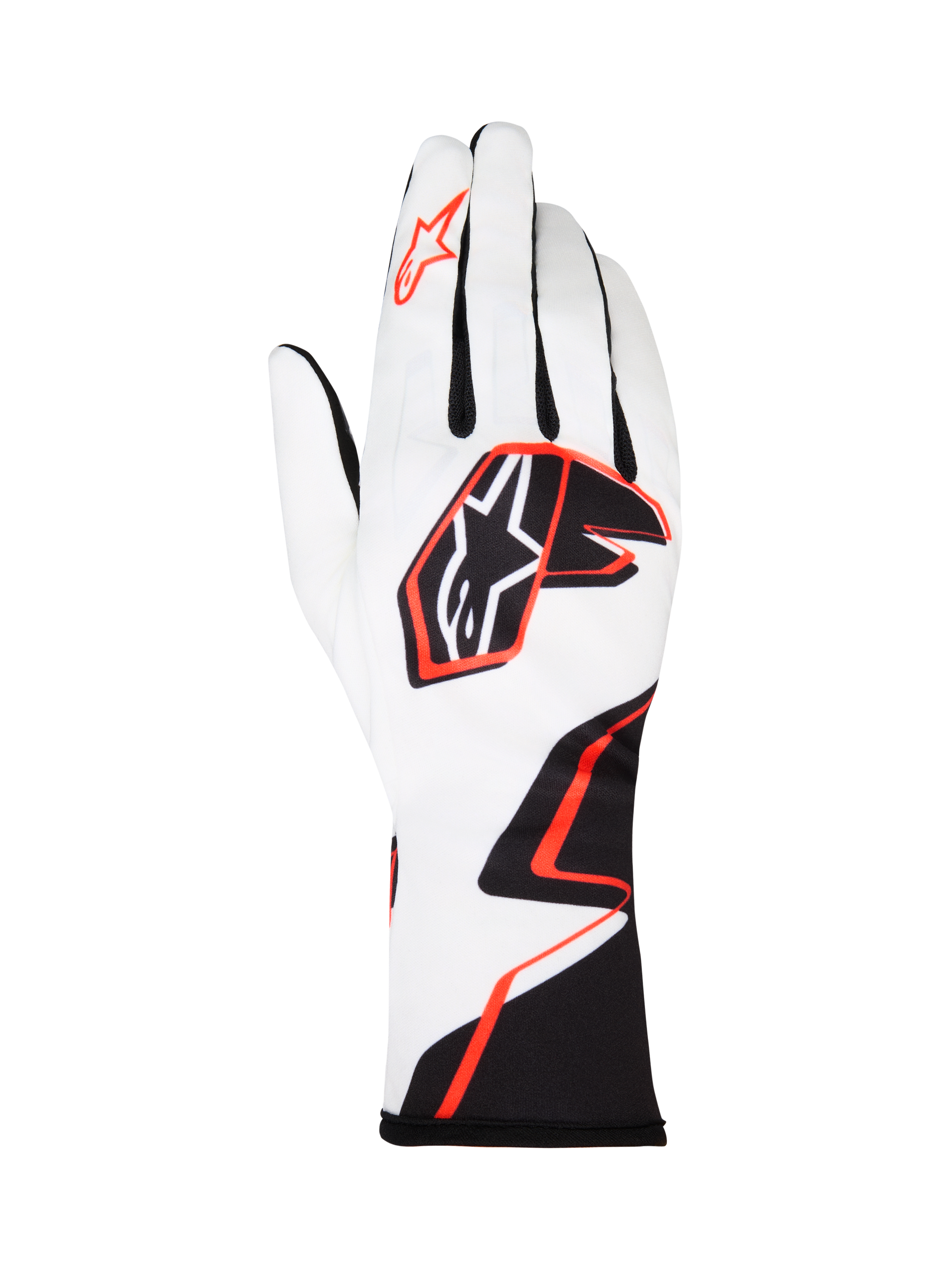 Alpinestars Tech-1 K Race V2 Graphic 1 Handschuhe, Karthandschuhe, Weiß mit schwarzem und leuchtend orangem geometrischem Design, mit dem Alpinestars Stern-Logo auf dem Handrücken und Zeigefinger, leichtes, atmungsaktives Textil mit verlängerter Stulpe