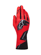 Alpinestars Tech-1 K Race V2 Gloves Graphic 1, Karting Racing Gloves, Red with Black and White accents, featuring bold star logo and geometric zigzag design on the wrist, lightweight textile construction for motorsport