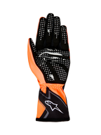 Alpinestars Tech-1 K Race V2 Gloves Graphic 1, Karting Gloves, Orange Fluo and Black, palm view showing white silicone grip pattern and Alpinestars logo on the wrist cuff