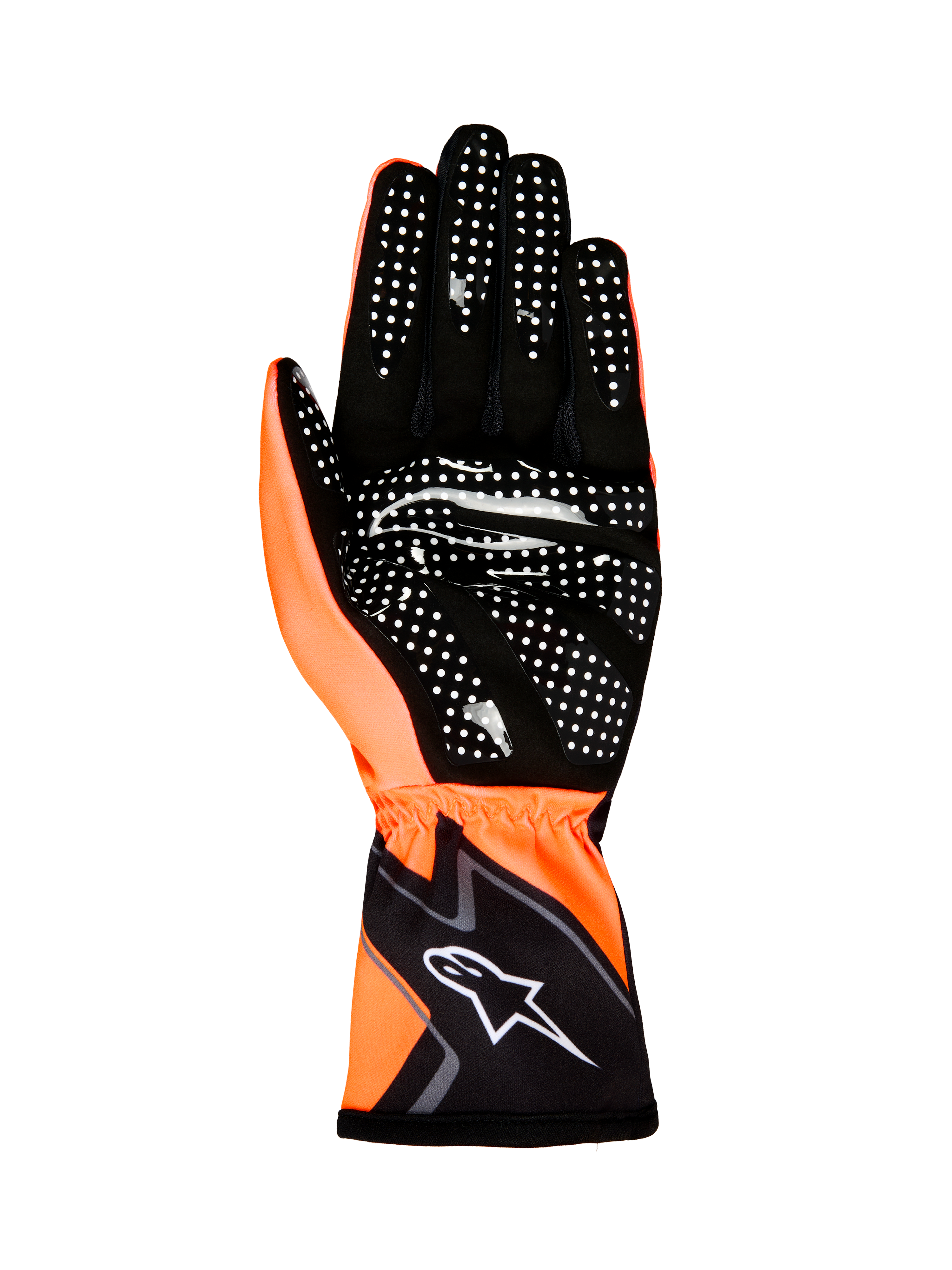 Alpinestars Tech-1 K Race V2 Gloves Graphic 1, Karting Gloves, Orange Fluo and Black, palm view showing white silicone grip pattern and Alpinestars logo on the wrist cuff