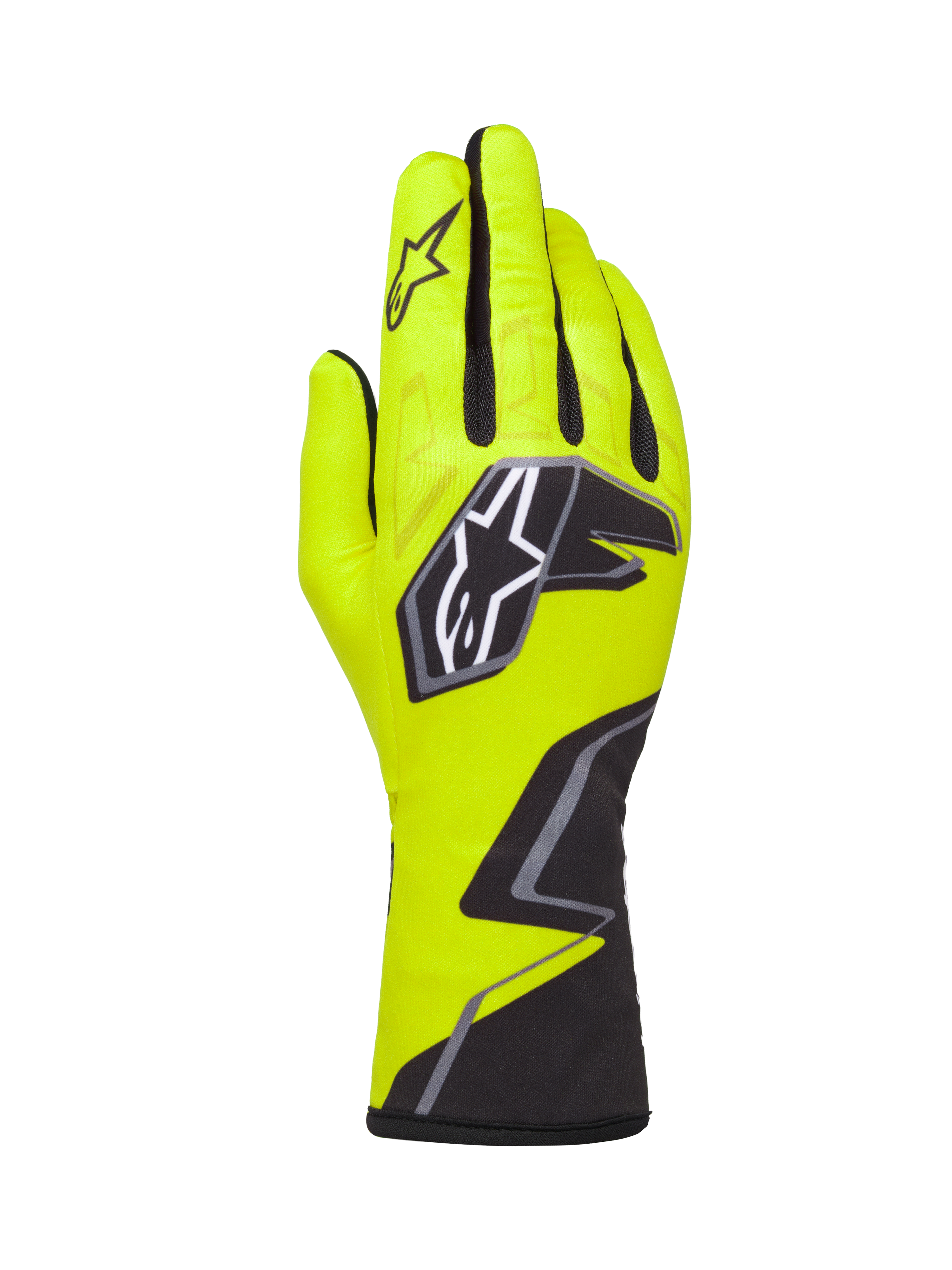 Alpinestars Tech-1 K Race V2 Handschuhe Graphic 1, Kart-Rennhandschuhe, Gelb Fluo, Schwarz und Weiß, mit großem Sternenlogo auf dem Handrücken und geometrischem Muster am Handgelenk, professionelle Motorsportausrüstung