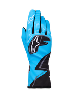 Alpinestars Tech-1 K Race V2 Gloves Graphic 1, Karting Racing Gloves, Cyan Black and White, featuring bold geometric patterns, white Alpinestars star logo on knuckles, extended cuff, lightweight and breathable material for karting performance