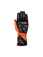 Alpinestars Youth Tech-1 K Race S V2 Graphic 1 Gloves, Karting Gloves, Orange Fluo Black and White, palm view featuring black synthetic suede with white silicone grip pattern, fluo orange thumb, and black cuff with white Alpinestars logo