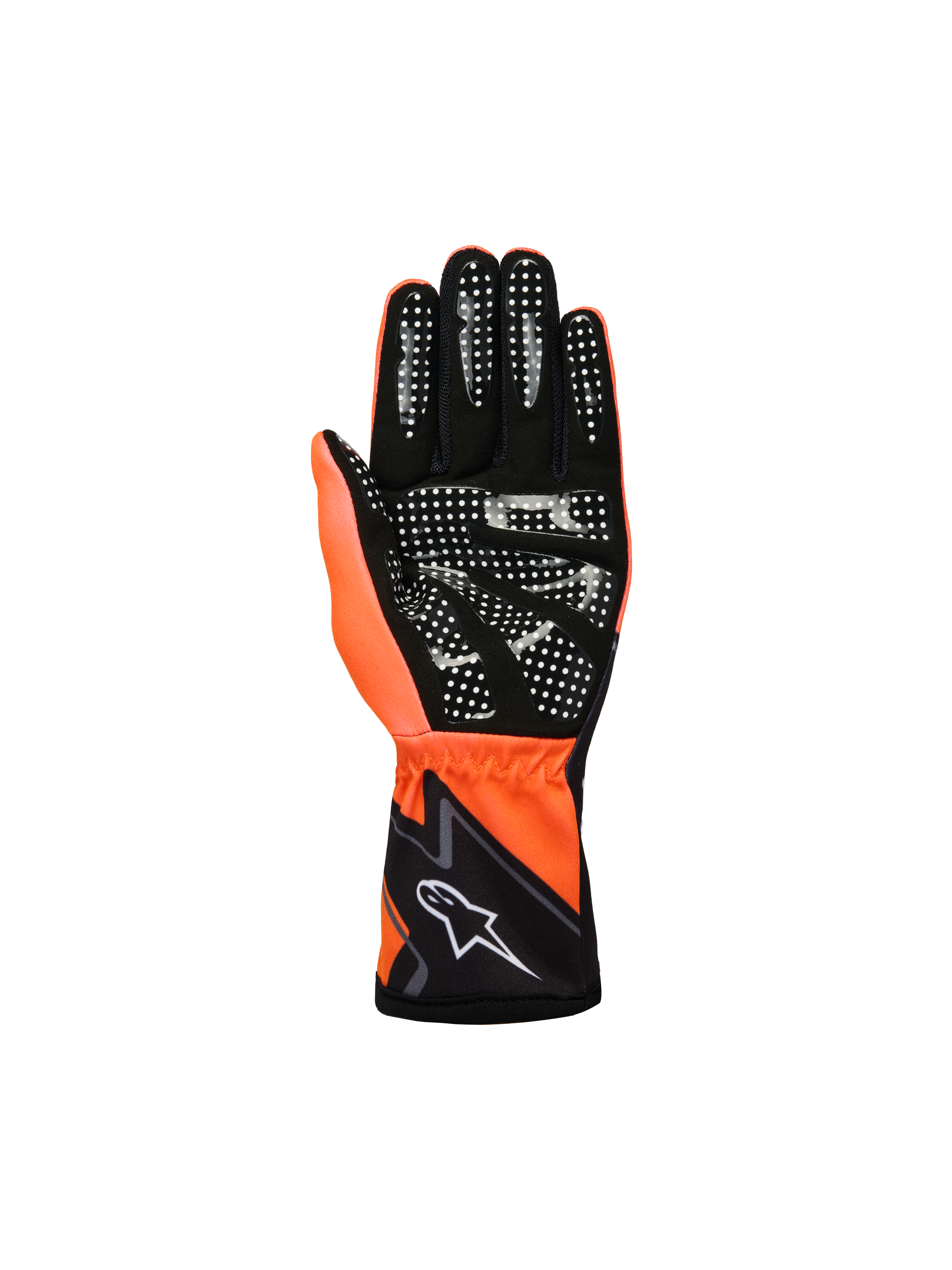Alpinestars Youth Tech-1 K Race S V2 Graphic 1 Gloves, Karting Gloves, Orange Fluo Black and White, palm view featuring black synthetic suede with white silicone grip pattern, fluo orange thumb, and black cuff with white Alpinestars logo