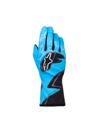 Alpinestars Youth Tech-1 K Race S V2 Graphic 1 Gloves, Karting Racing Gloves, Cyan blue with black and white accents, Alpinestars star logos on knuckles and index finger, zigzag graphic pattern, lightweight sporty protection for youth racers