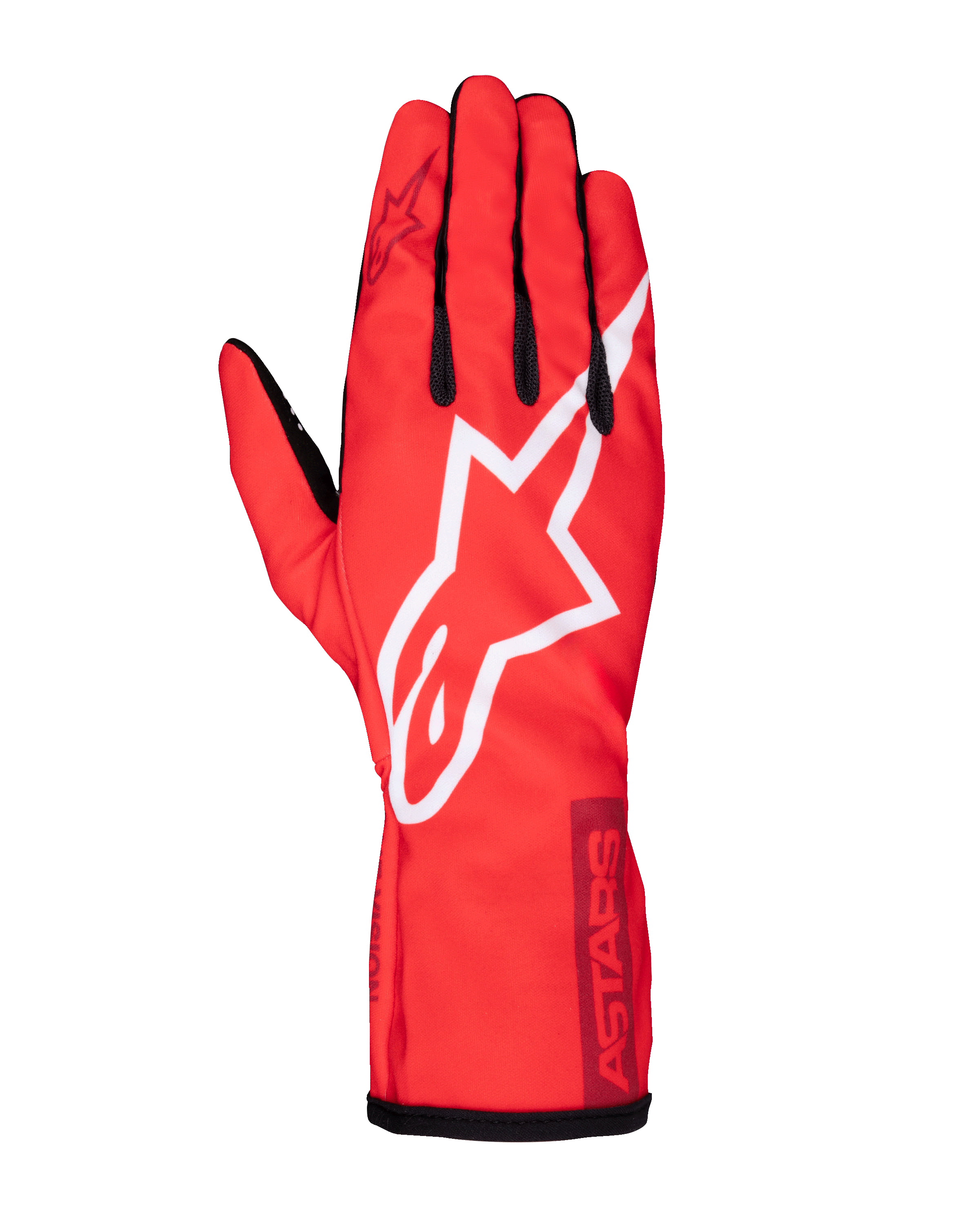 Alpinestars Youth Tech-1 K Race S V2 Pure Handschuhe, Kart-Rennhandschuhe, leuchtendes Rot mit großem weißem Alpinestars Stern-Logo, schwarze Akzente an den Fingern und am Bündchen, leichte Polyester-Mesh-Konstruktion für Junior-Rennfahrer, Draufsicht auf den Handrücken