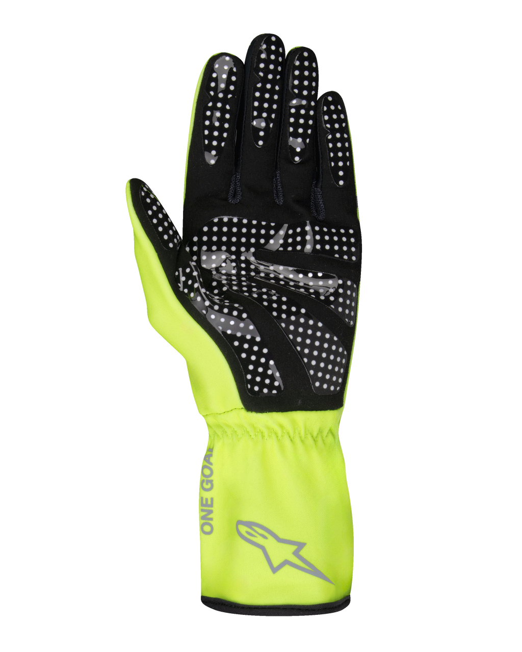Alpinestars Youth Tech-1 K Race S V2 Pure Handschuhe, Kart-Handschuhe, Gelb Fluo und Schwarz, Handflächenansicht mit Silikon-Punktmuster für Griffigkeit, synthetisches Veloursleder, leuchtend gelbe Stulpe mit grauem Alpinestars-Logo und elastischem Handgelenk.