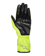 Alpinestars Youth Tech-1 K Race S V2 Pure Handschuhe, Kart-Handschuhe, Gelb Fluo und Schwarz, Handflächenansicht mit Silikon-Punktmuster für Griffigkeit, synthetisches Veloursleder, leuchtend gelbe Stulpe mit grauem Alpinestars-Logo und elastischem Handgelenk.