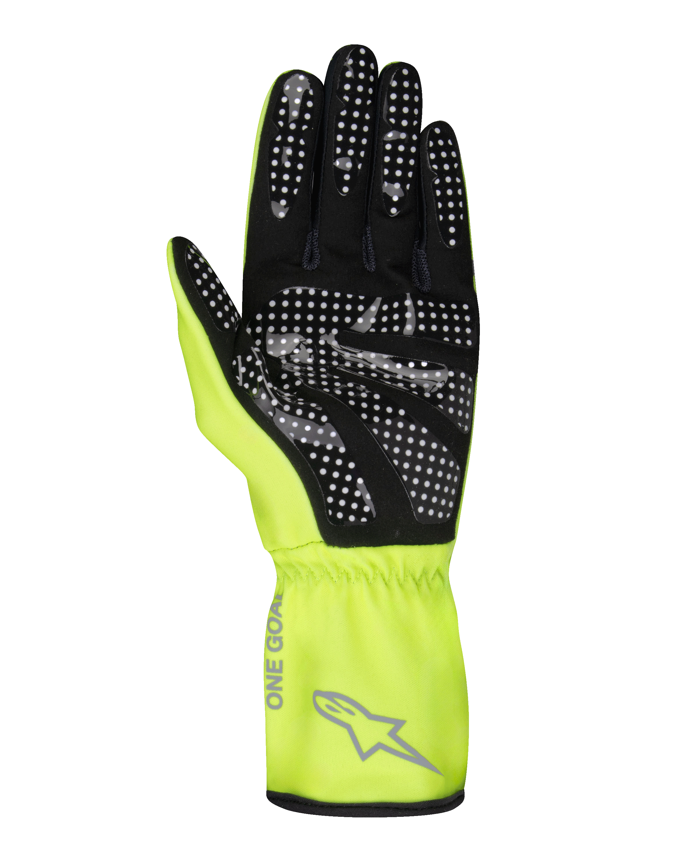 Alpinestars Youth Tech-1 K Race S V2 Pure Handschuhe, Kart-Handschuhe, Gelb Fluo und Schwarz, Handflächenansicht mit Silikon-Punktmuster für Griffigkeit, synthetisches Veloursleder, leuchtend gelbe Stulpe mit grauem Alpinestars-Logo und elastischem Handgelenk.