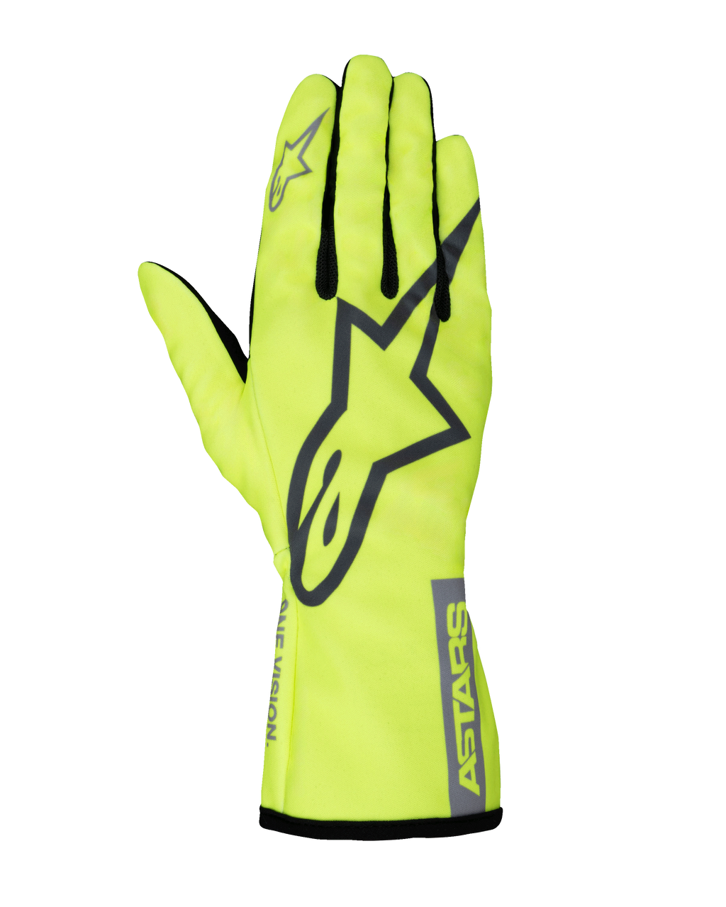Alpinestars Tech-1 K Race V2 Pure Handschuhe, Karting-Rennhandschuhe, Neongelb und Grau, großes Stern-Logo auf dem Handrücken, schwarze Fingereinsätze, gut sichtbare, leichte Motorsportausrüstung
