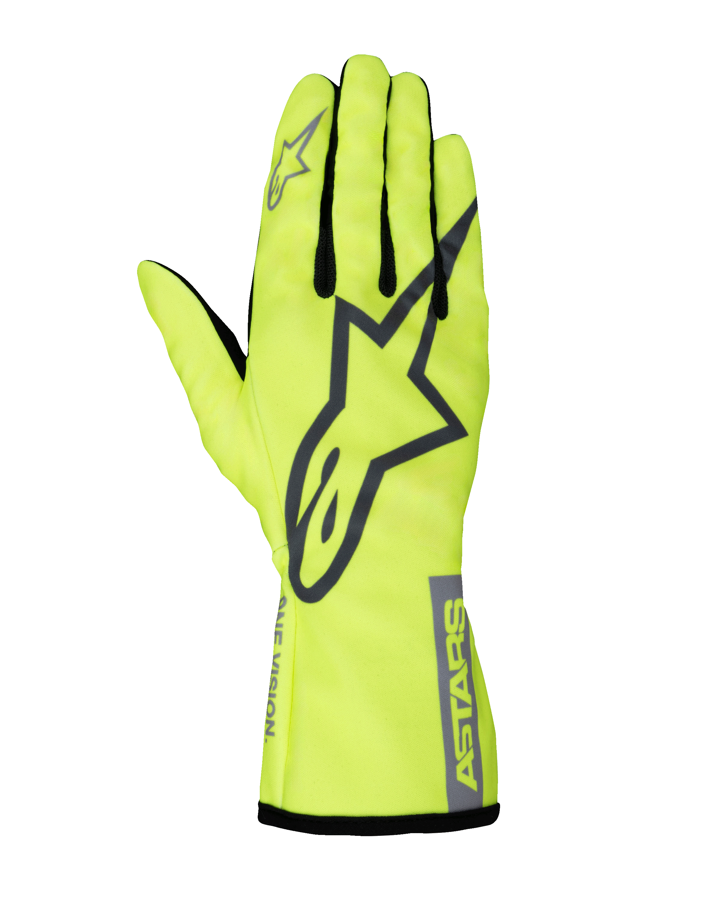 Alpinestars Tech-1 K Race V2 Pure Handschuhe, Karting-Rennhandschuhe, Neongelb und Grau, großes Stern-Logo auf dem Handrücken, schwarze Fingereinsätze, gut sichtbare, leichte Motorsportausrüstung