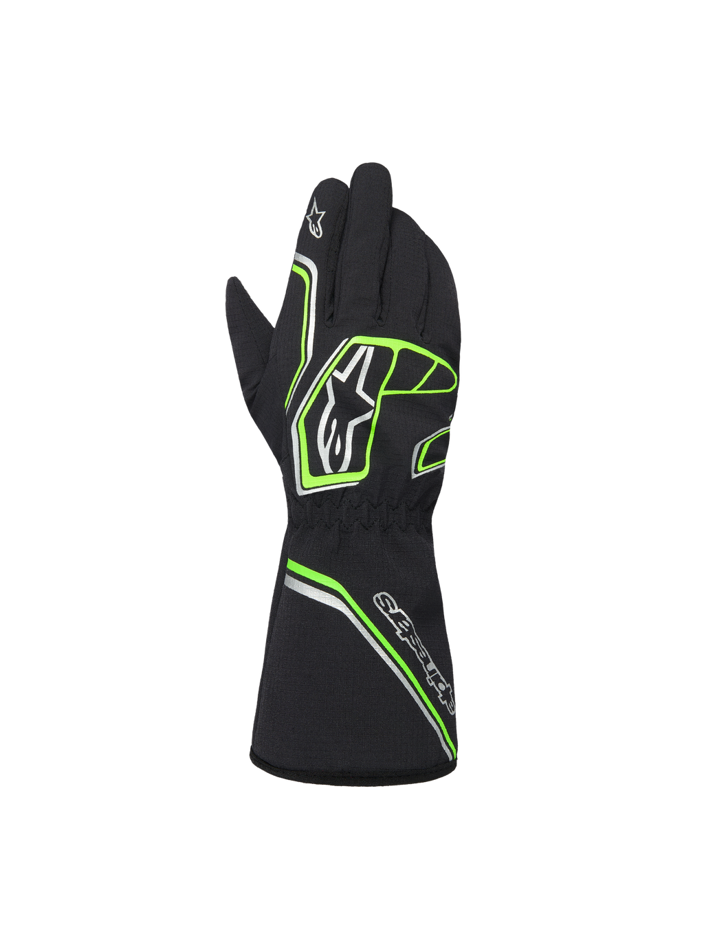 Alpinestars Youth Tempest V3 Waterproof S Handschuhe, Schwarz mit neongrünen und silbernen Akzenten, Rückansicht im Stulpen-Stil, neongrüne geometrische Muster und Astar-Logos, wasserdichte Karting-Handschuhe für junge Fahrer