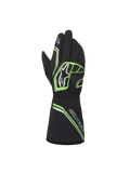 Alpinestars Youth Tempest V3 Waterproof S Handschuhe, Schwarz mit neongrünen und silbernen Akzenten, Rückansicht im Stulpen-Stil, neongrüne geometrische Muster und Astar-Logos, wasserdichte Karting-Handschuhe für junge Fahrer