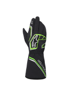 Alpinestars Youth Tempest V3 Waterproof S Handschuhe, Schwarz mit neongrünen und silbernen Akzenten, Rückansicht im Stulpen-Stil, neongrüne geometrische Muster und Astar-Logos, wasserdichte Karting-Handschuhe für junge Fahrer