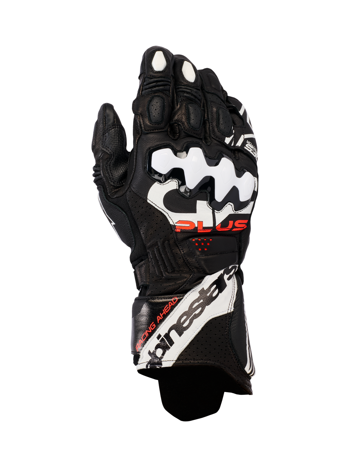 Alpinestars GP Plus R V3 Leather Gloves, Motorcycle Racing Gloves, Black with White and Red accents, featuring white DFS knuckle protectors, perforated leather for breathability, and bold Alpinestars branding on the cuff