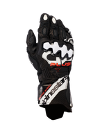Alpinestars GP Plus R V3 Leather Gloves, Motorcycle Racing Gloves, Black with White and Red accents, featuring white DFS knuckle protectors, perforated leather for breathability, and bold Alpinestars branding on the cuff
