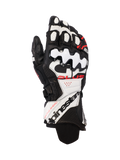Alpinestars GP Plus R V3 Leather Gloves, Motorcycle Racing Gloves, Black White and Red Fluo, featuring premium leather construction with hard TPU knuckle protection, perforated panels for airflow, and bold branding on the extended cuff