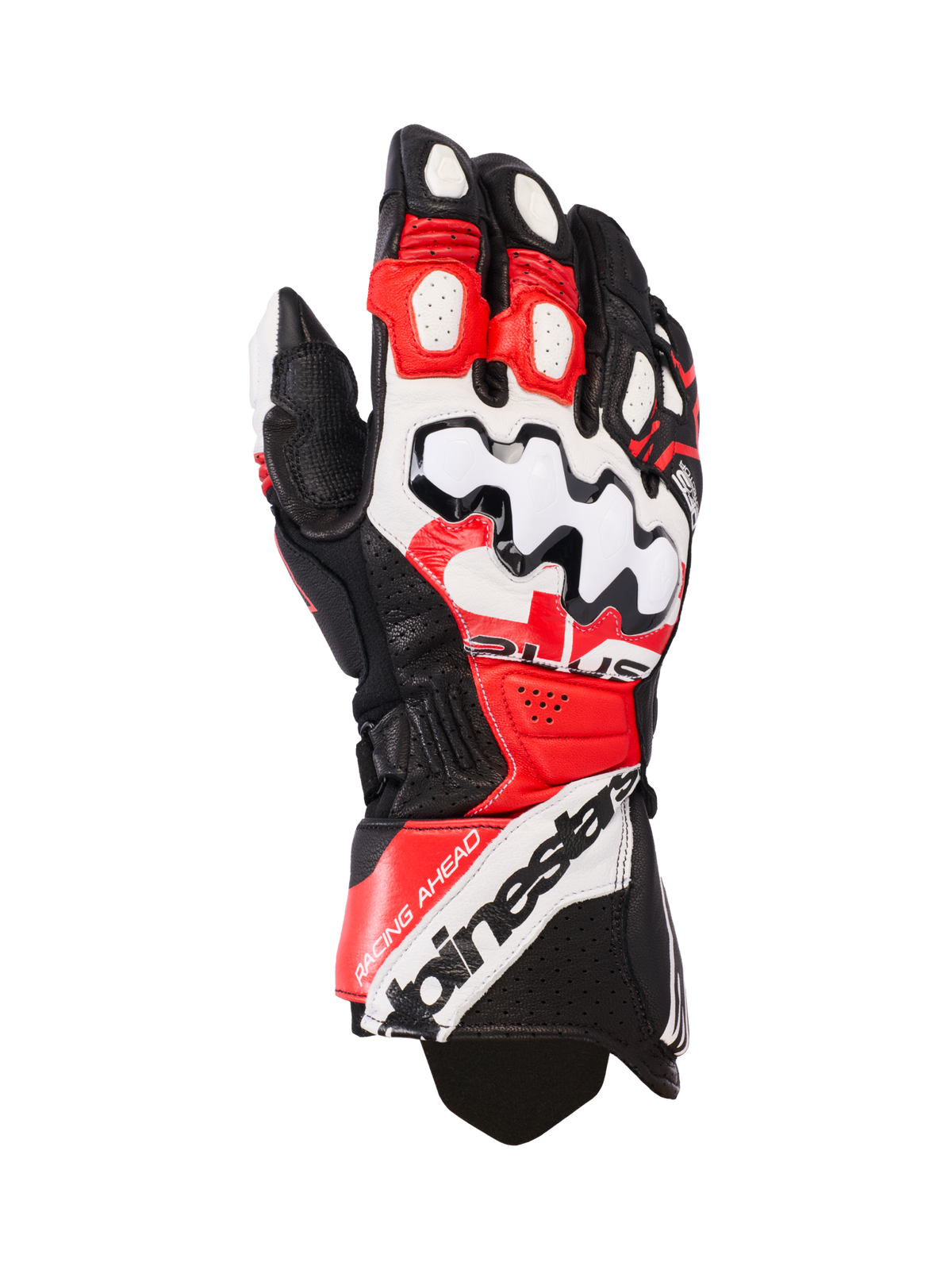 Alpinestars GP Plus R V3 Lederhandschuhe, Motorrad-Rennhandschuhe, Schwarz, Weiß und leuchtendes Rot, mit einem großen weißen Knöchelprotektor mit schwarzen Wellenmustern, perforierten Lederbahnen zur Belüftung und Alpinestars-Branding an der Manschette.