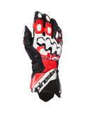 Alpinestars GP Plus R V3 Leather Gloves, Motorcycle Racing Gloves, Black White and Bright Red, featuring a large white knuckle protector with black wave patterns, perforated leather panels for ventilation, and Alpinestars branding on the cuff.