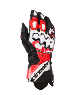 Alpinestars GP Plus R V3 Lederhandschuhe, Motorrad-Rennhandschuhe, Schwarz, Weiß und leuchtendes Rot, mit einem großen weißen Knöchelprotektor mit schwarzen Wellenmustern, perforierten Lederbahnen zur Belüftung und Alpinestars-Branding an der Manschette.